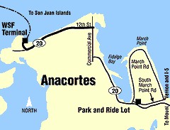 Map showing route from I-5 to Anacortes Ferry Terminal